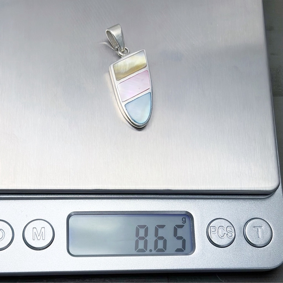 Vintage Sterling Silver 925 Mother of Pearl Pendant Retro Southwest Inlay Style - Picture 8 of 8